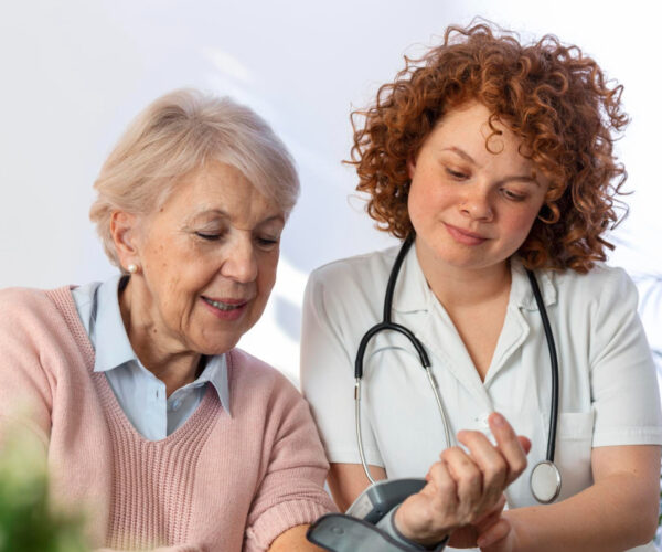 caregiver measuring blood pressure senior woman home kind carer measuring blood pressure happy elderly woman bed nursing home